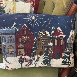 Festive Holiday Tapestry Pillow with Snowy Village Scene